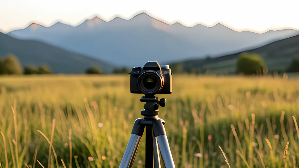 A camera on a tripod standing in a grassy meadow, facing a line of distant mountains in warm late afternoon light
