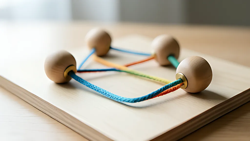 Round wooden pegs on a board joined by loops of coloured cord into a small network, one peg ringed with brass, in soft daylight.
