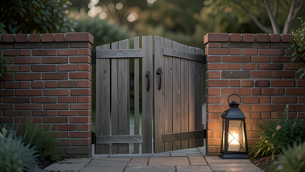 A brick garden wall in evening light with a single wooden gate standing half open and a lit lantern beside it.