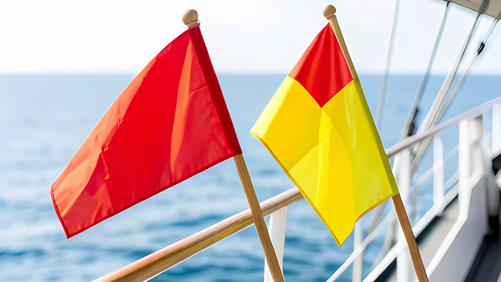 Two red and yellow diagonal signal flags on wooden staffs leaning against a ship's rail, with the sea beyond in bright daylight.