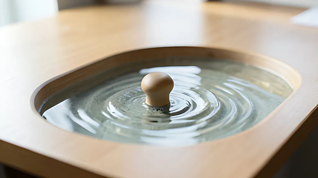 A rounded wooden post stands in a shallow oval basin of water set into a wooden desk, with rings and swirls spreading around it