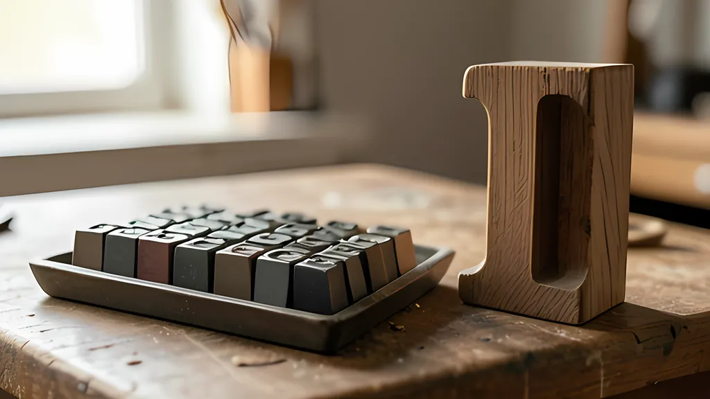 A shallow tray of metal letterpress type blocks on a worn wooden workbench, with one tall carved wooden letter standing upright beside it in soft window light
