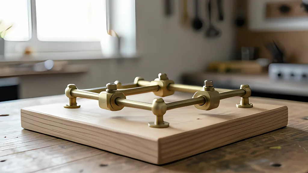 A brass linkage of rods joined by pinned blocks, standing on a pale wooden board on a worn workbench, with a window out of focus behind