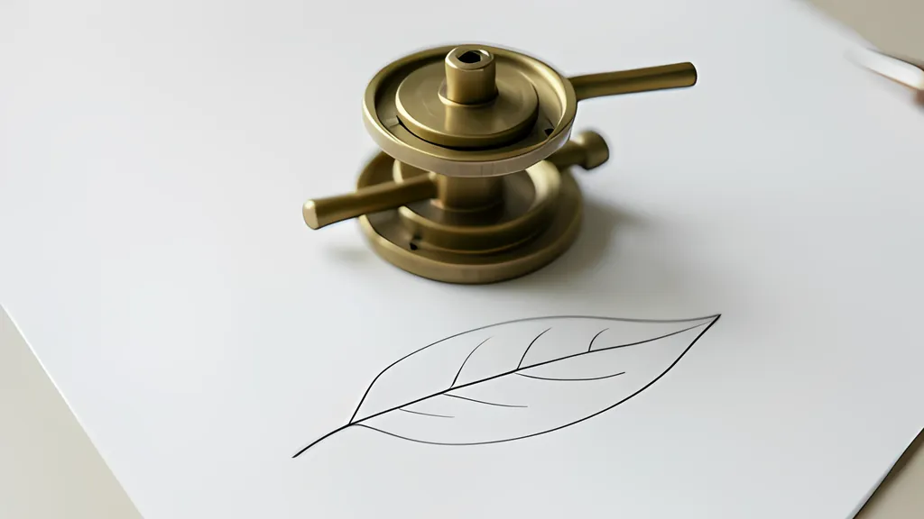 A small brass mechanism of stacked rings and two short arms standing on a white sheet of paper, above a fine line drawing of a single leaf