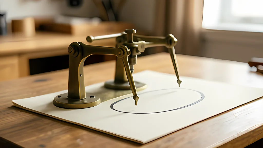 A brass drawing machine of linked rotating arms tracing a looping ink curve on paper under warm workshop light.