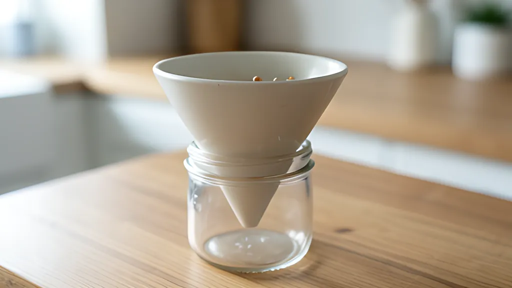 A wide ceramic kitchen funnel standing upright in a glass jar on a wooden counter, a few small beads resting in its mouth, in soft daylight.