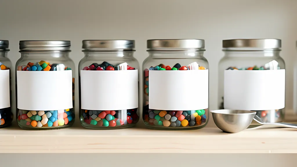 A wooden shelf with a row of lidded glass jars, each with a blank white label and filled with mixed coloured beads, and a small metal scoop.