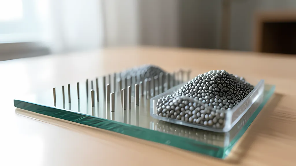 A sheet of green-edged glass on a wooden desk carrying rows of upright metal pins and two heaped piles of small steel beads, with no people