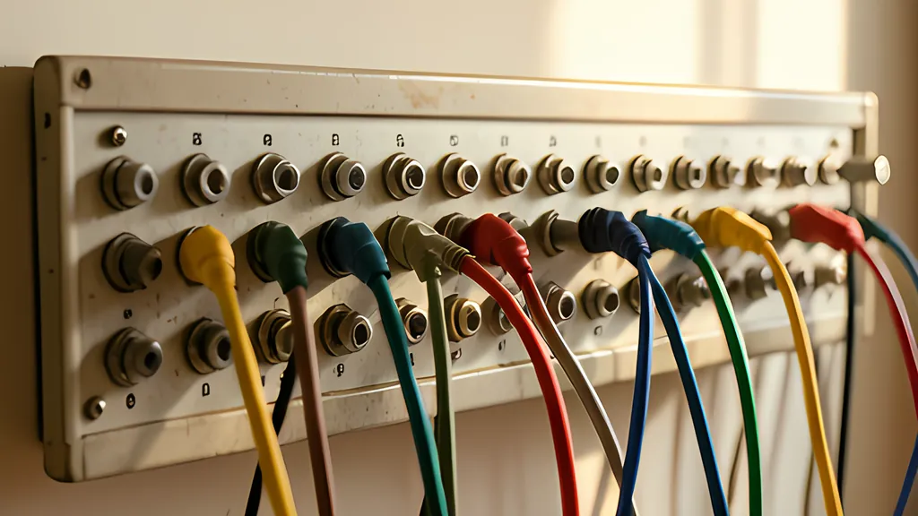 An old telephone switchboard panel with coloured patch cords plugged between rows of round sockets, lit warmly from one side.