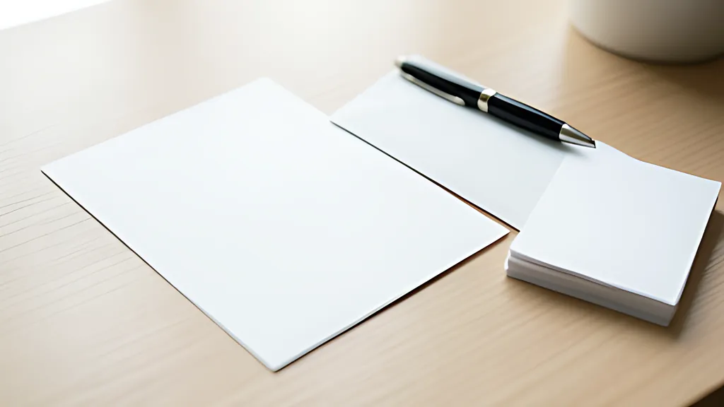 A blank sheet of paper and a blank envelope beside a fountain pen and a small stack of index cards on a desk in soft daylight.