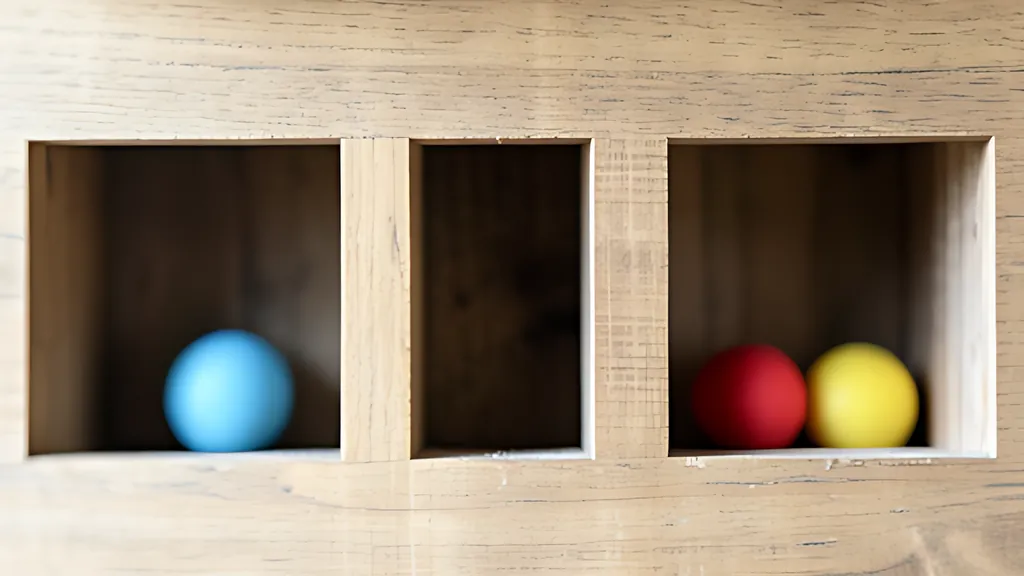 A wooden wall of small open pigeonhole compartments in daylight, some holding a single coloured ball and a few holding several.