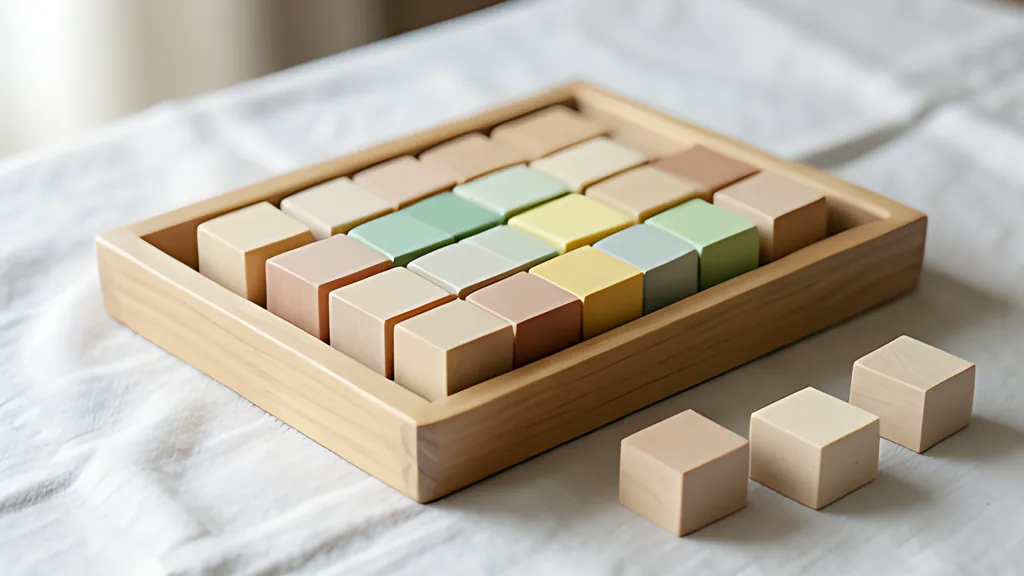 A wooden tray of small blank letterpress blocks in soft colours, with a few loose blocks beside it on a linen cloth.