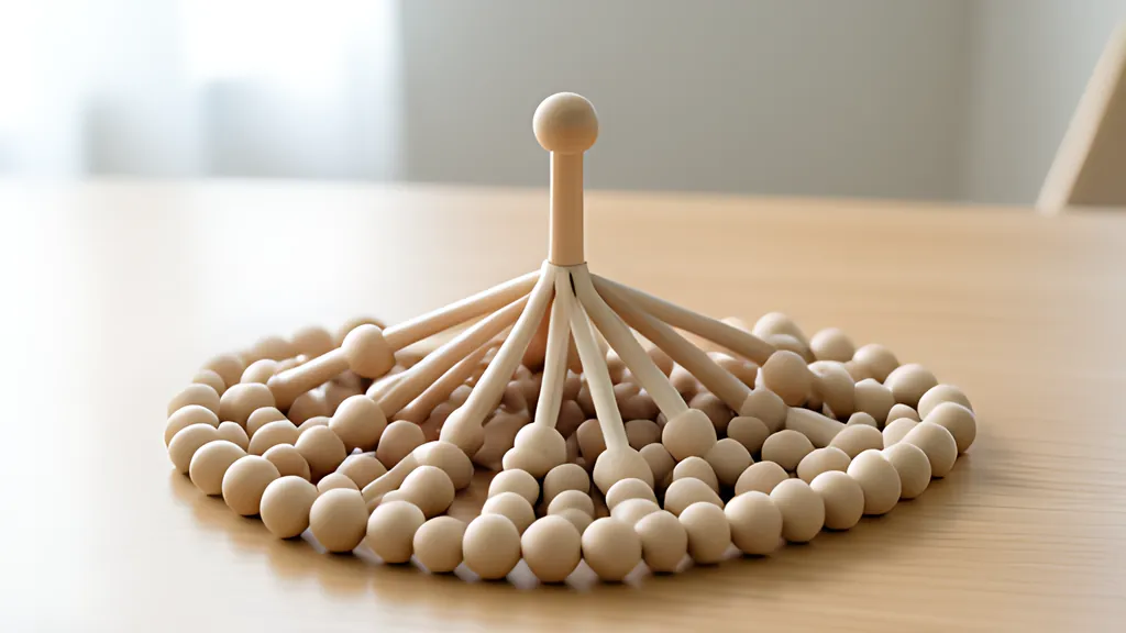 Pale wooden rods and round beads on a desk form a branching tree: one bead at the top splits again and again into a wide fan of beads below.