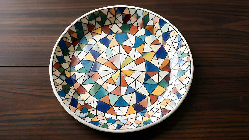 A round ceramic plate seen from above on a dark wooden table, covered in a mosaic of many colored triangles, a decoration rather than a true hyperbolic tiling.