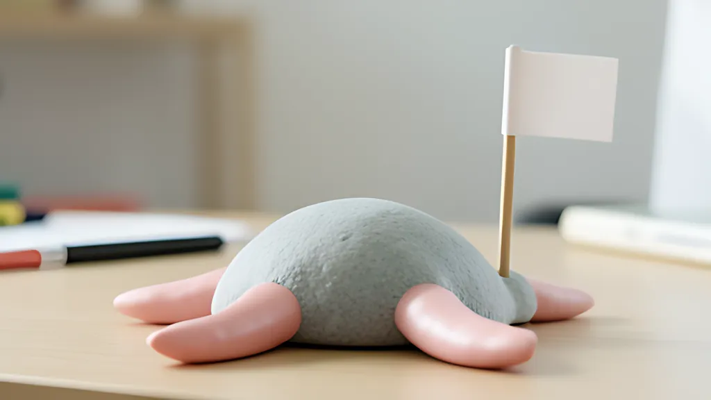A grey clay hill on a wooden desk with soft pink rounded lobes spreading from its base and a small white flag on a wooden stick.