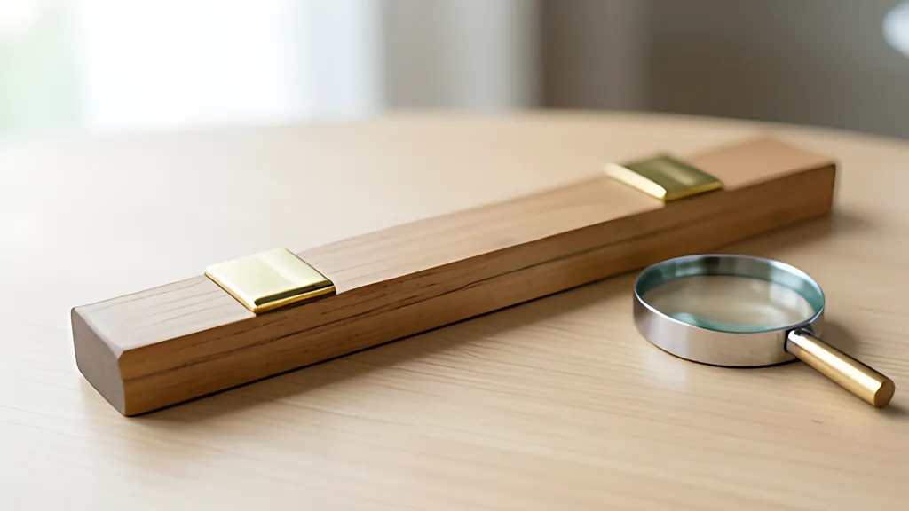 A wooden ruler-like bar with brass sliders in three groups lying on a desk beside a small magnifying glass in soft daylight.