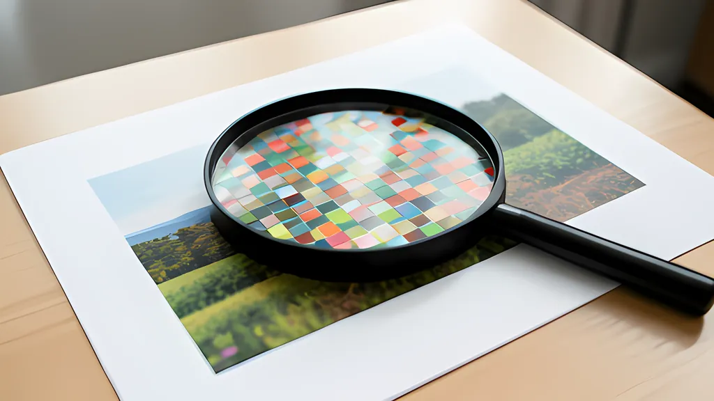 A printed landscape photograph on a wooden desk with a black magnifying glass resting on it, the lens showing the picture enlarged into a grid of small colored squares.
