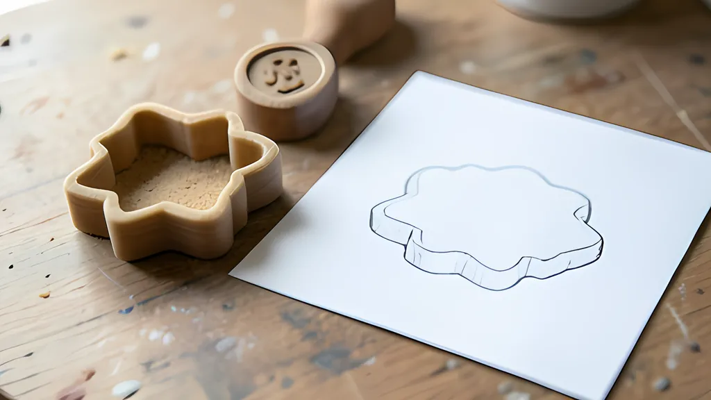 A printed cookie cutter and a printed logo stamp on a workbench beside a paper drawing of the same shape, in soft daylight
