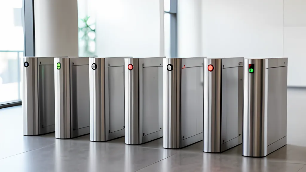A row of metal turnstiles at the entrance of a clean modern lobby, each with a small green or red indicator lamp, and nobody passing through.