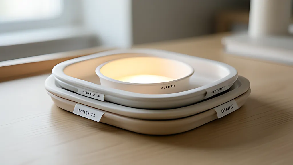 A small stack of rounded nested trays on a desk with soft labelled tabs, one tray glowing amber where something does not fit.