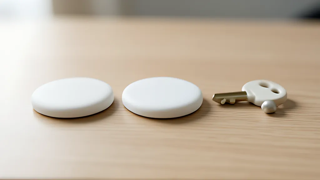 Three blank rounded tiles in violet, amber and teal in a row on a desk, joined by two small soft dots, with a small rounded brass key beside them.