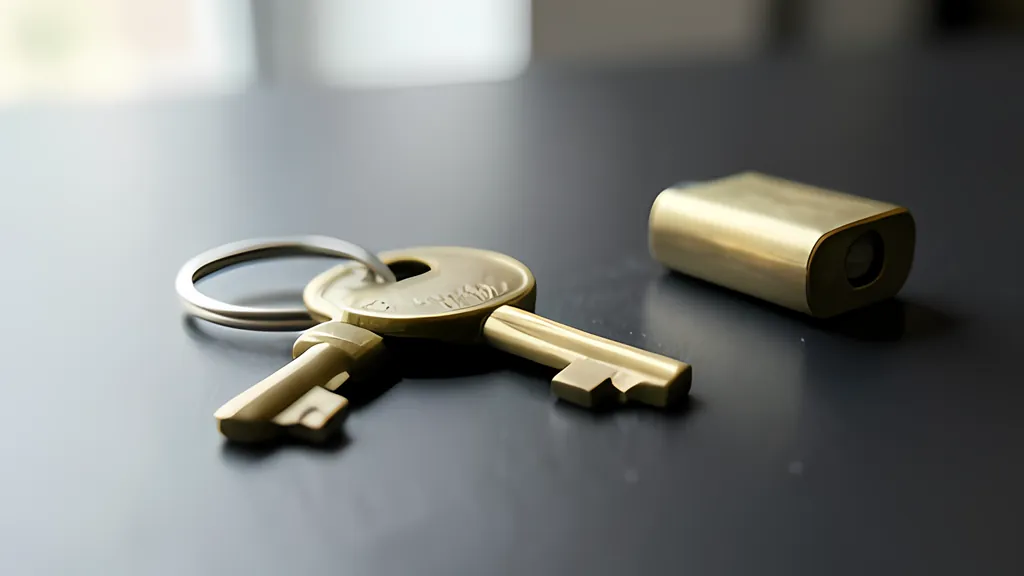 Two brass keys of different lengths on one steel ring, lying on a dark desk beside a small brass padlock, in soft daylight.
