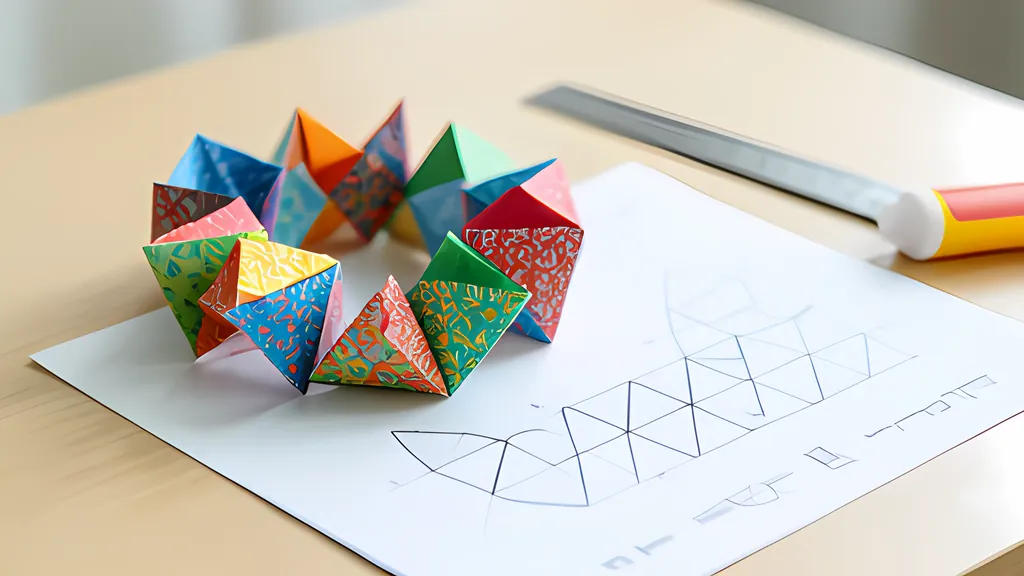 A colorful paper ring of linked patterned pyramids on a wooden table beside a sheet with a drawn net of triangles, a metal ruler and a glue stick