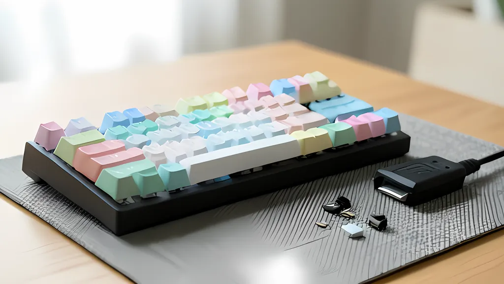A compact mechanical keyboard with pastel keycaps rests on a grey desk mat on a wooden desk, with a black cable connector and a few small loose parts beside it.