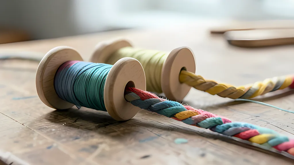 Three wooden reels of differently coloured thread on a workbench, their threads feeding into one braided cord in soft light.