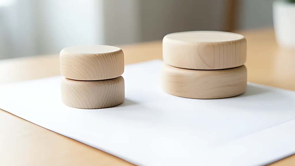 Blank rounded wooden blocks of different heights stacked in a tidy column on a desk beside a blank sheet of paper, in soft daylight.