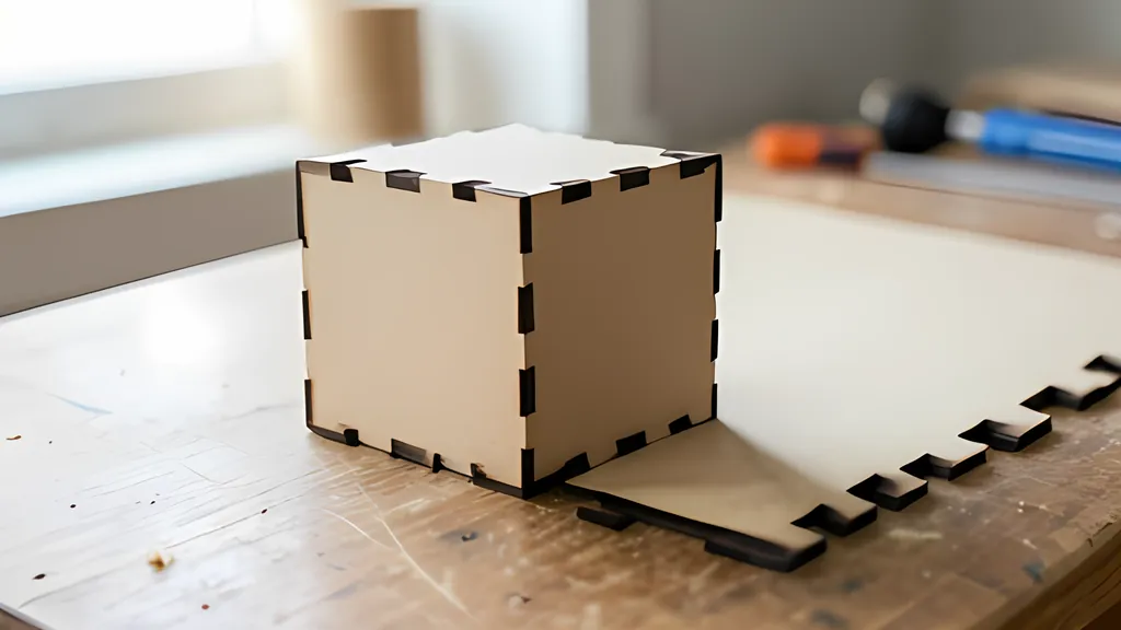 A sheet of pale birch plywood lying on the bed of a blue workshop machine, with a thick block of plywood beside it and fine sawdust scattered on the bed
