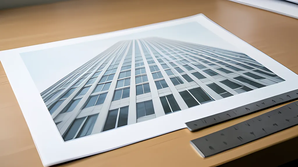 A printed wide-angle photograph of a tiled building facade whose straight lines bow outward, lying on a desk beside a steel ruler