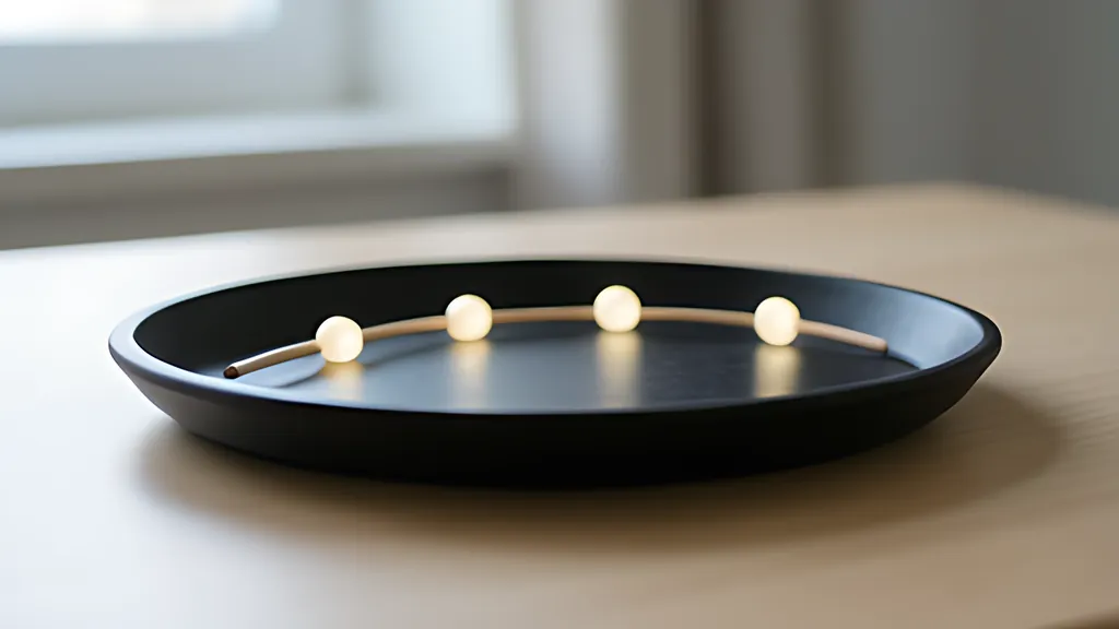 A round black tray on a wooden table holding four glowing white beads spaced along a thin curved wooden rod