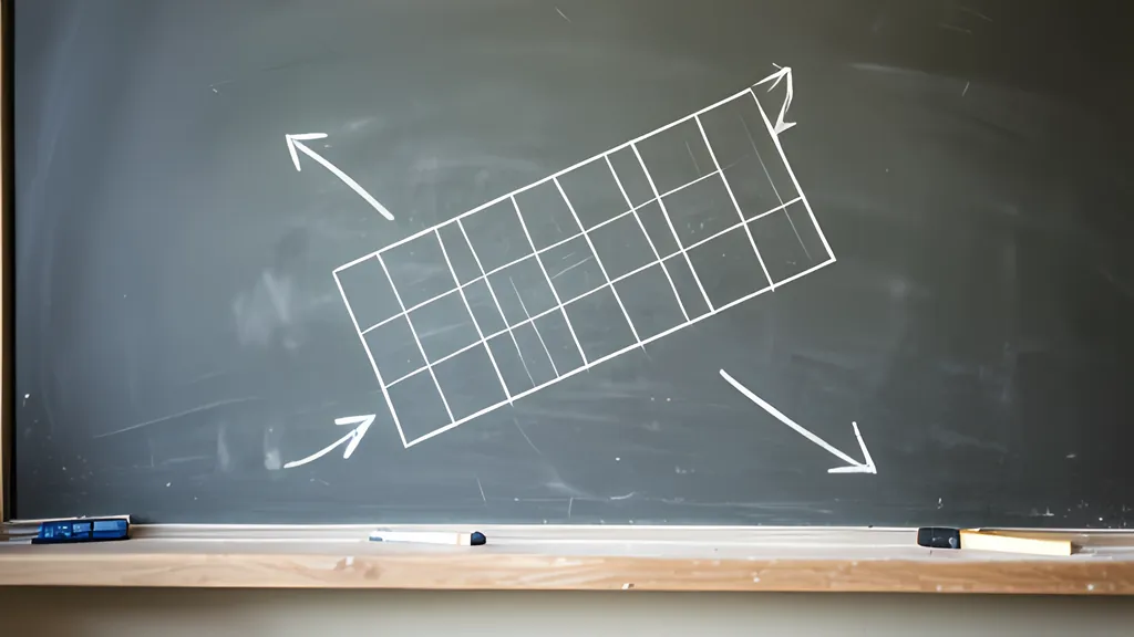 A chalkboard with a square grid drawn in chalk being skewed into a slanted grid, two arrows from the origin, and sticks of chalk on the ledge