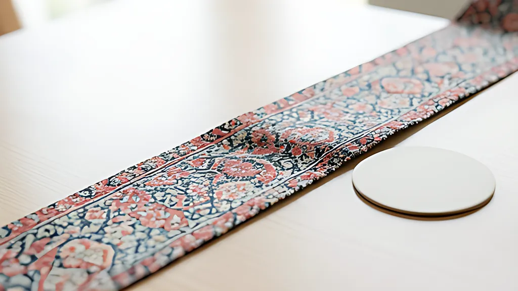 A long strip of busy red and navy patterned fabric running across a pale wooden table beside a blank round white coaster.