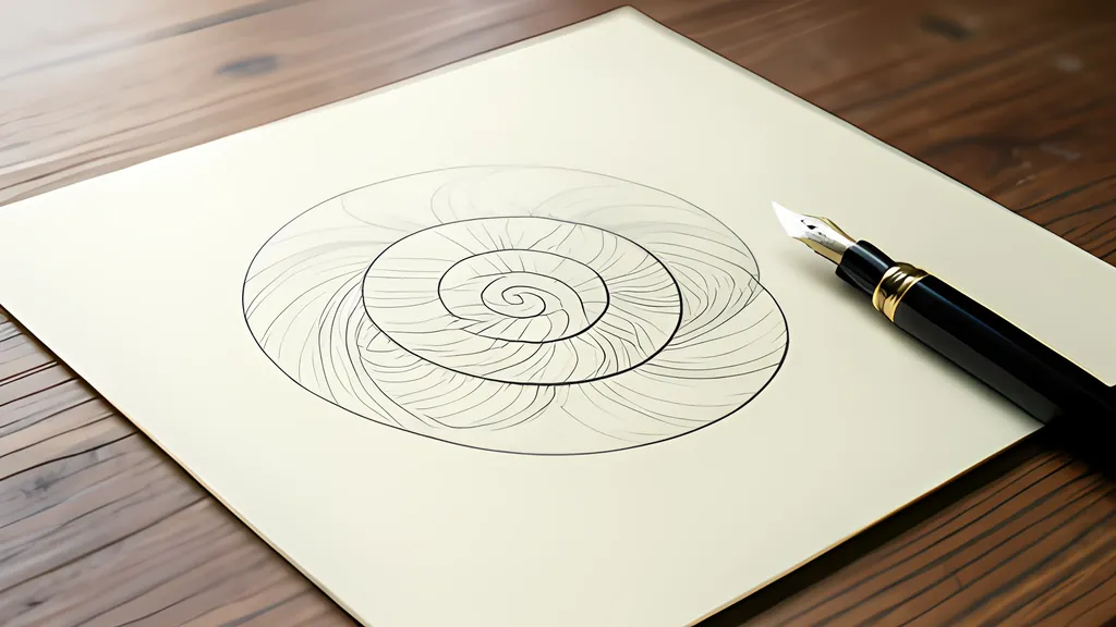 A cream sheet of paper on a wooden desk carrying a fine ink rosette of nested loops that tighten to a spiral at the center, with a black fountain pen lying beside it