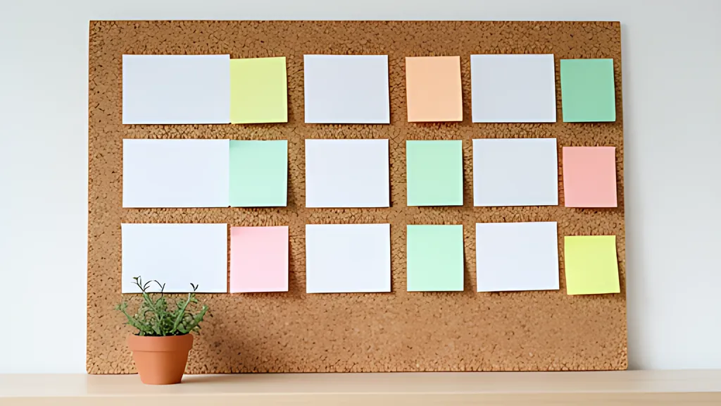 A cork board with twelve blank paper squares pinned in a grid, a few blank coloured sticky notes among them, and a small potted herb on the shelf below in soft daylight.