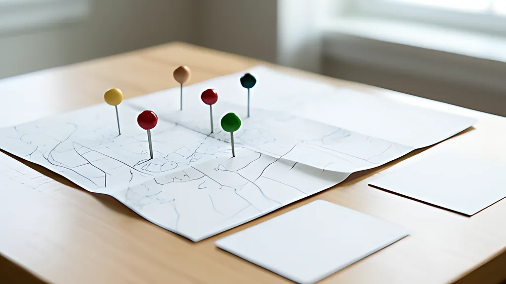 A blank folded paper map on a table with coloured wooden pins standing in it and a few blank cards beside it in soft daylight.