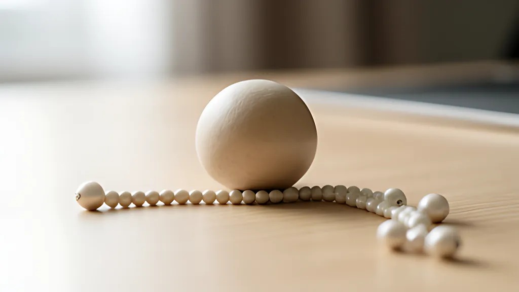 A large cream ball on a wooden desk with a long curving string of small pale beads trailing beside it.