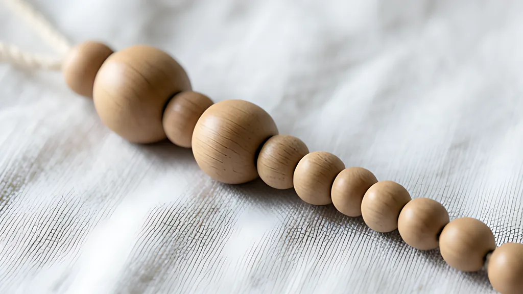 A row of wooden beads on a cord, large beads at one end tapering to many small beads at the other, lying on a linen cloth in soft daylight.