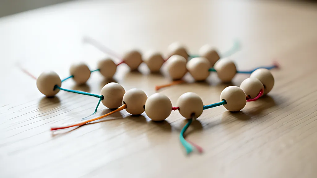 Wooden beads scattered on a table, some pairs tied together with short coloured threads, in soft daylight.