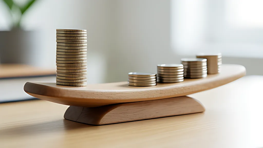 A small rounded seesaw on a desk with one tall stack of gold coins on one end and a row of smaller soft coin stacks balancing it on the other.