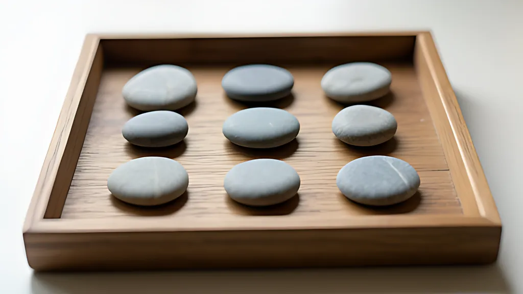 A square wooden tray holding nine smooth grey river stones arranged in a three by three grid, in soft daylight on a pale surface