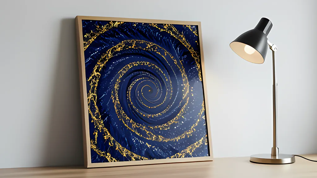 A framed print of a deep blue spiral edged in gold leaning against a pale wall on a wooden desk, beside a black desk lamp that is switched on
