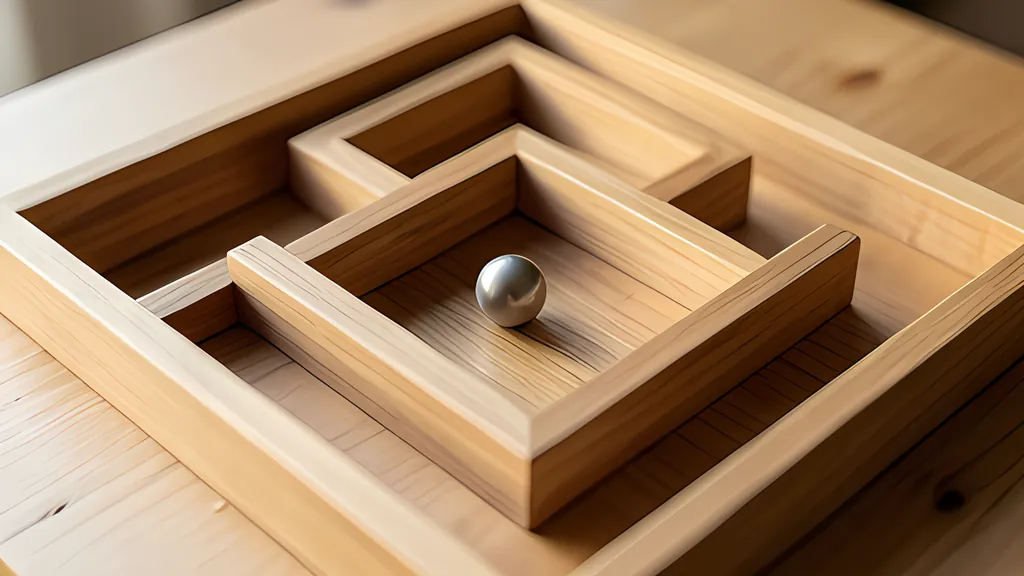 A small wooden tabletop maze with raised walls and a steel ball resting in the middle, seen from above at an angle in warm light.
