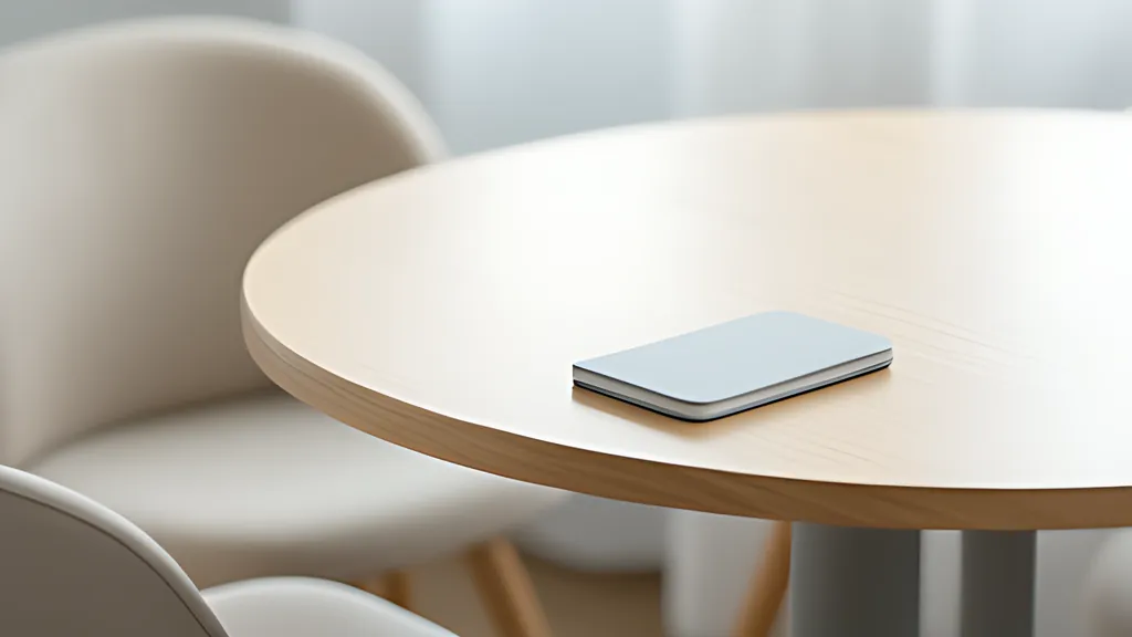 A small rounded notepad on a desk beside a soft round table with little rounded chairs around it, in teal and coral tones.