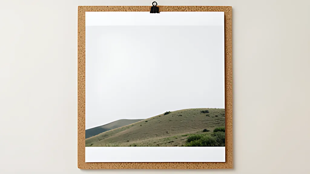 A blank poster of a simple hill landscape with empty white bands at top and bottom, pinned to a cork board in soft light.