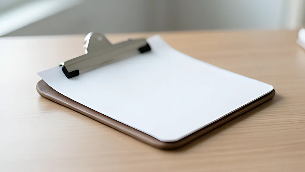 A small rounded clipboard on a desk holding a typed memo, with two soft tabbed sheets clipped behind it and a mustard paper clip at the top.
