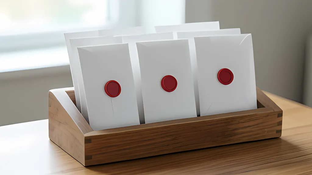 White envelopes standing in a wooden letter rack on a desk by a window, each one closed with a round red wax seal.