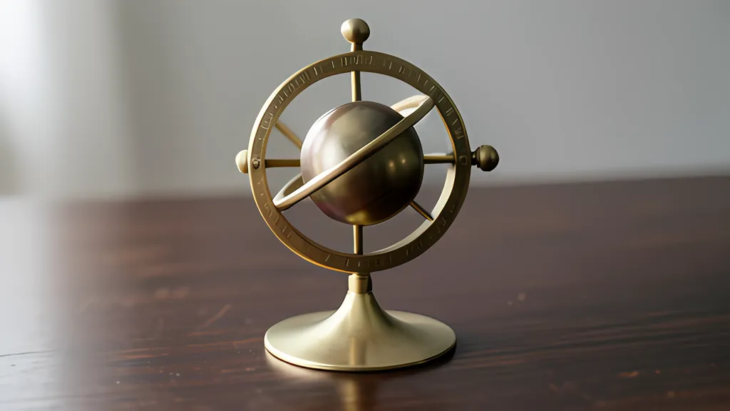 A brass orrery with small planets on thin arms standing on a dark wooden desk in soft light, with no people in the picture